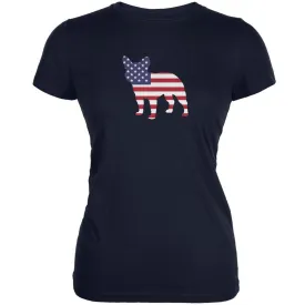 4th of July Patriotic Dog French Bulldog Navy Juniors Soft T-Shirt