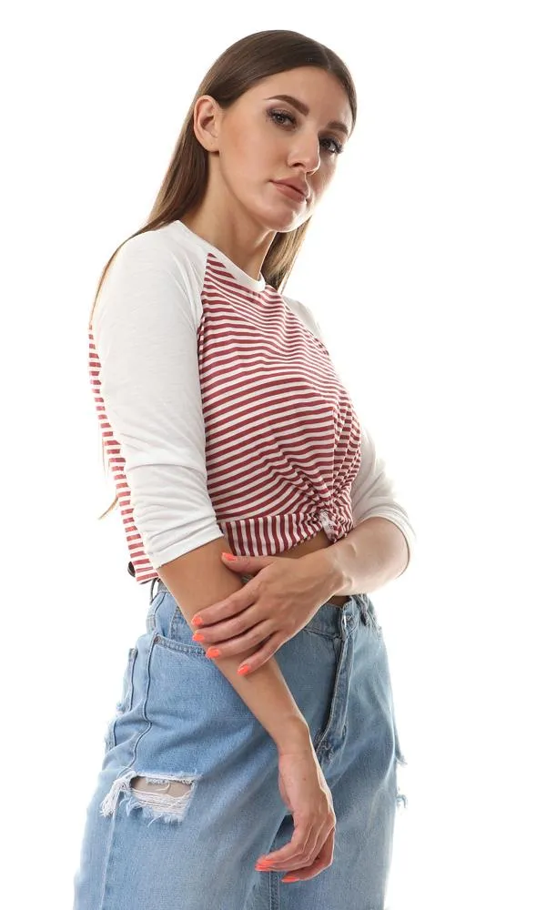 56560 Reversible Front Twist Striped Cropped Top - Brick Red & White