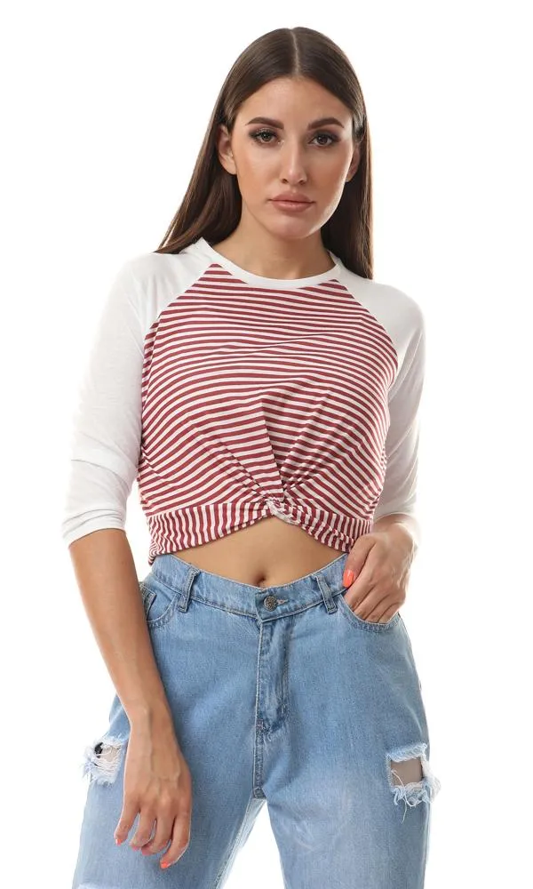 56560 Reversible Front Twist Striped Cropped Top - Brick Red & White