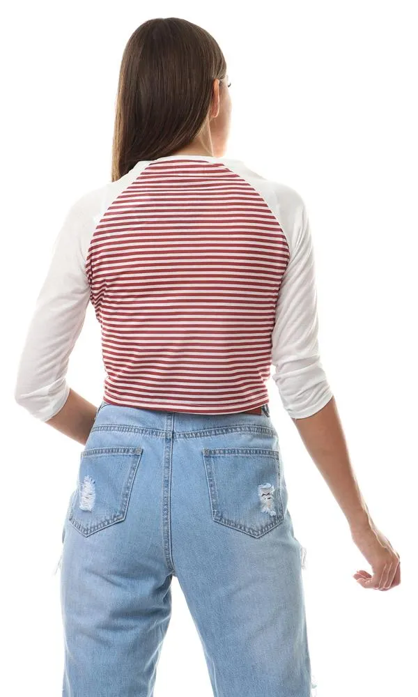 56560 Reversible Front Twist Striped Cropped Top - Brick Red & White