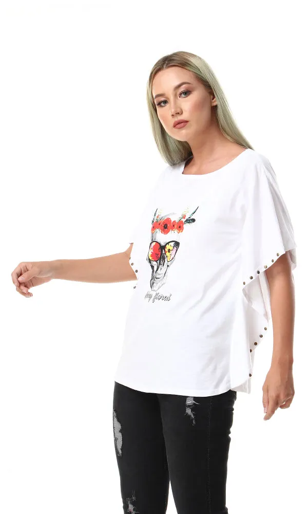 56733 Slip On Printed Loose Fit White T-Shirt