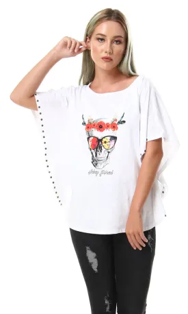 56733 Slip On Printed Loose Fit White T-Shirt