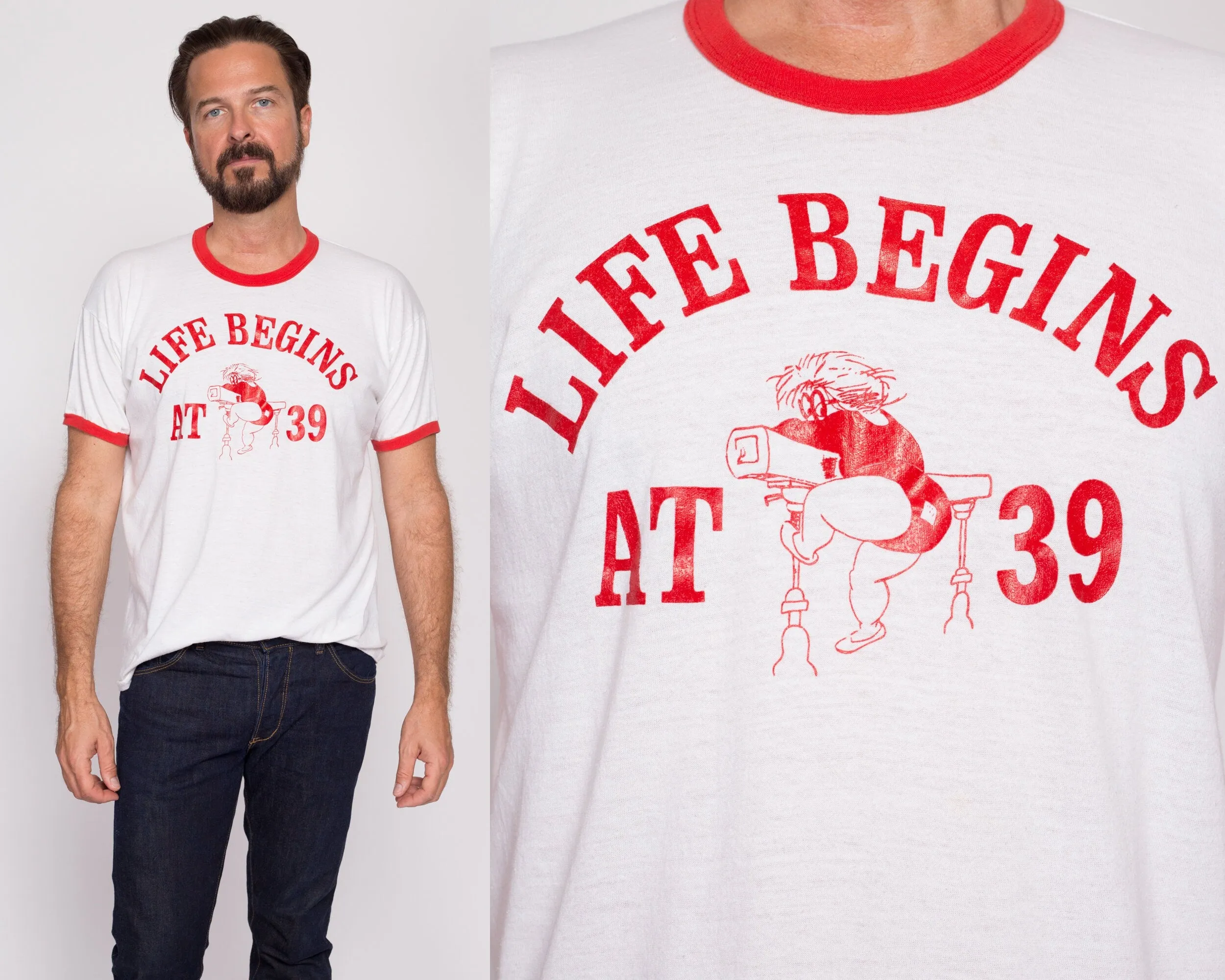 80s "Life Begins At 39" Funny Birthday T Shirt - Men's Large