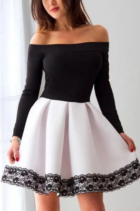 A Line Black and White Off the Shoulder Long Sleeve Short Homecoming Dresses with Lace H1311