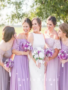 A-Line Off The Shoulder Chiffon Bridesmaid Dresses With Lace,SFWG0008