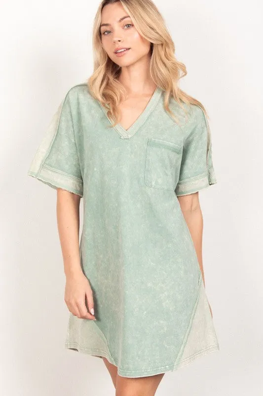 Acid Wash V-Neck Shirt Dress