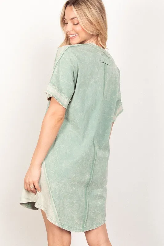 Acid Wash V-Neck Shirt Dress