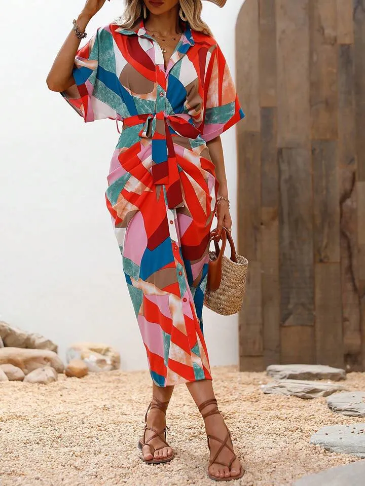 Allover print batwing sleeve belted shirt dress in multi