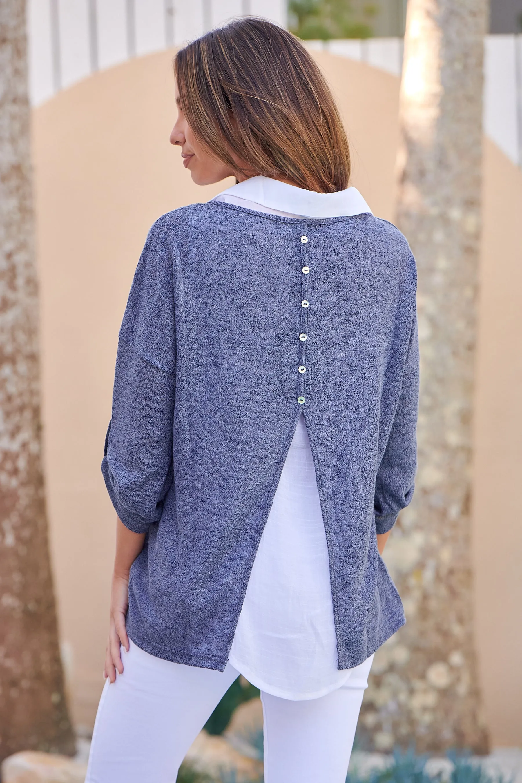 Aurella 3/4 Sleeve Navy Layered Top