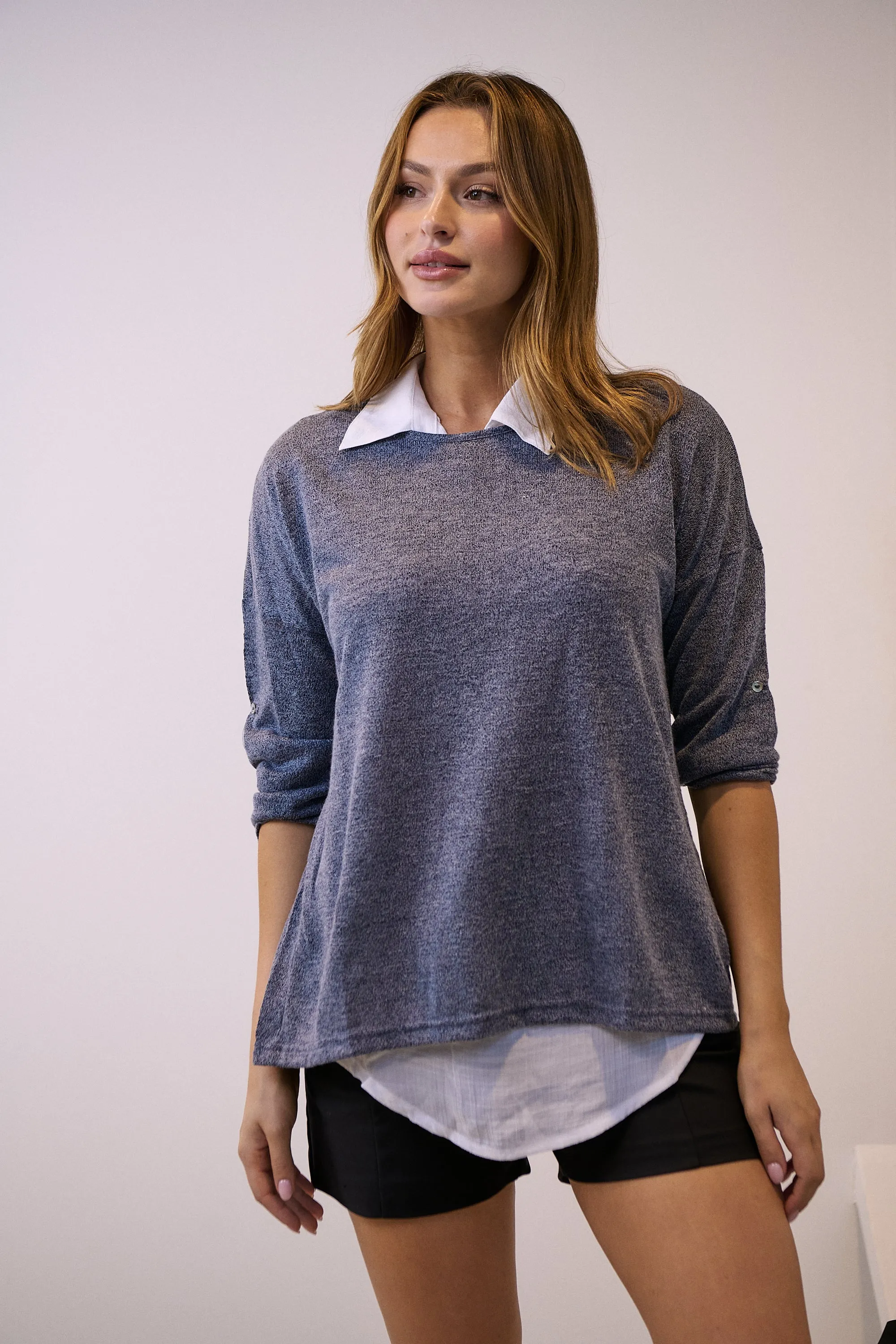 Aurella 3/4 Sleeve Navy Layered Top