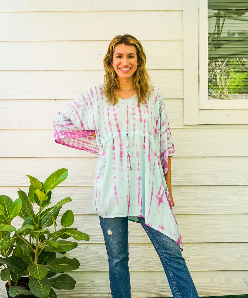 B3809- Shibori Hand Dyed Tunic Boho Kaftan Blouse Hippie Oversize Tops