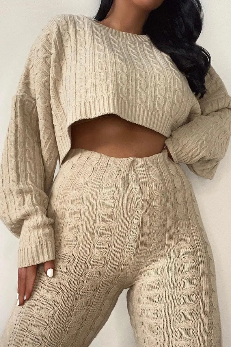 Beige Cable Knit Batwing Jumper Loungewear Set - Janea