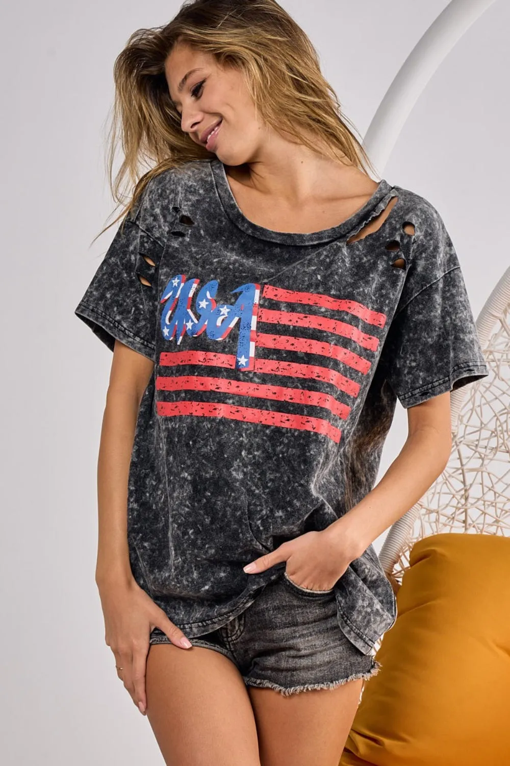 BiBi US Flag Washed Laser Cut T-Shirt