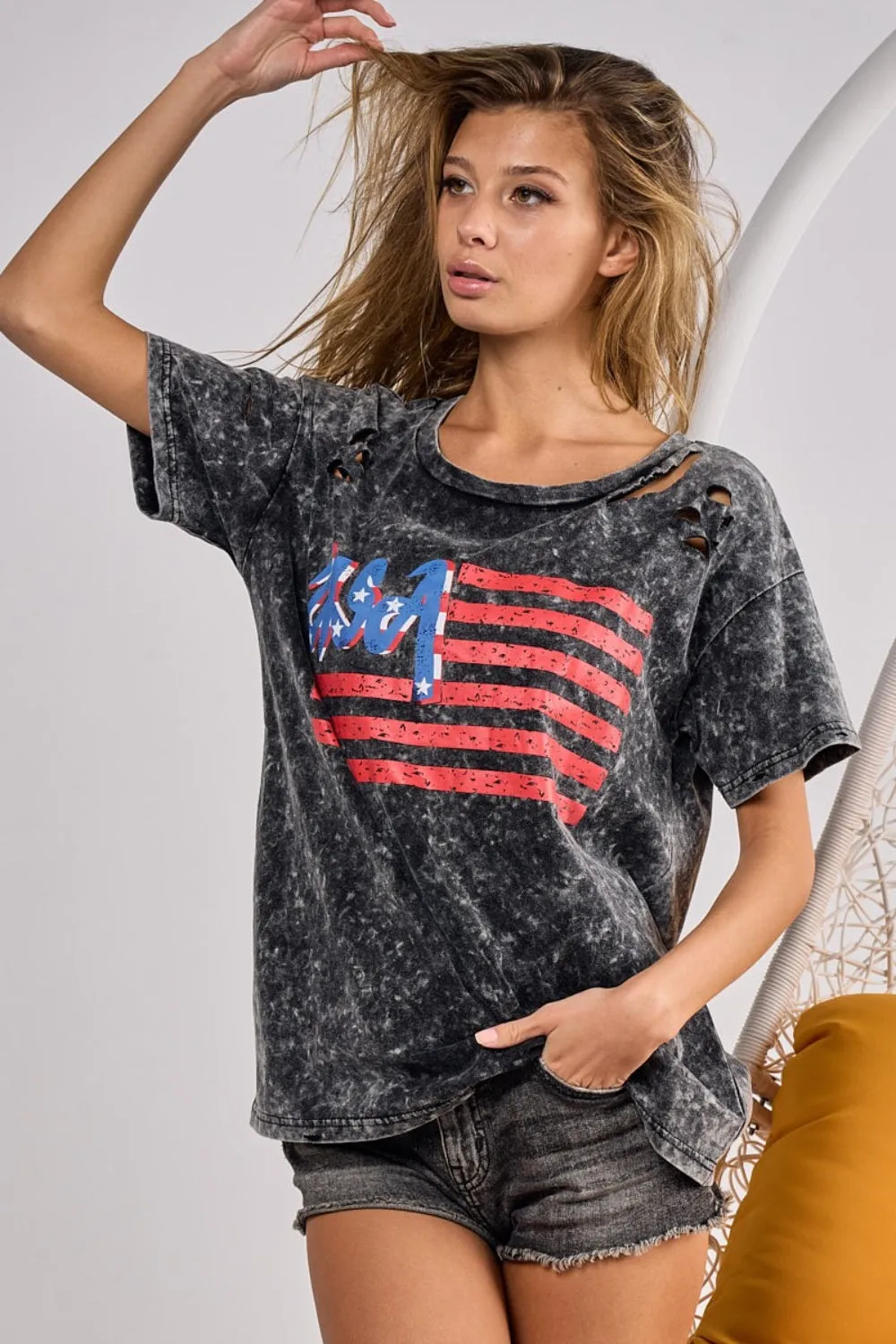 BiBi US Flag Washed Laser Cut T-Shirt