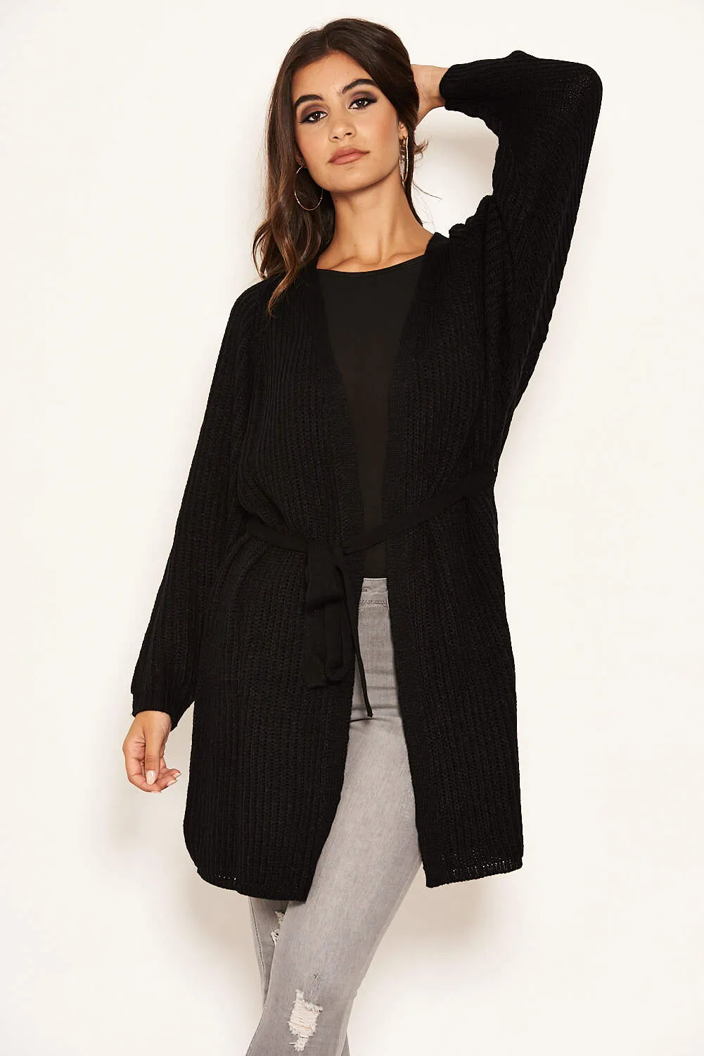 Black Belted Batwing Knit Cardigan