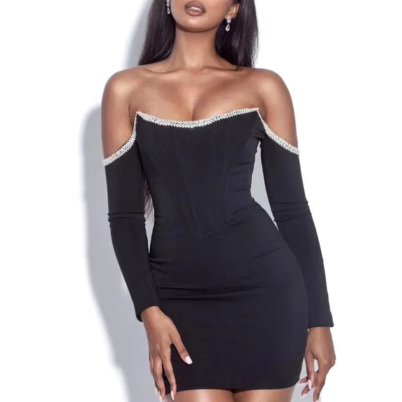 Black Crystal Halter One Shoulder Long Sleeve Mini Dress