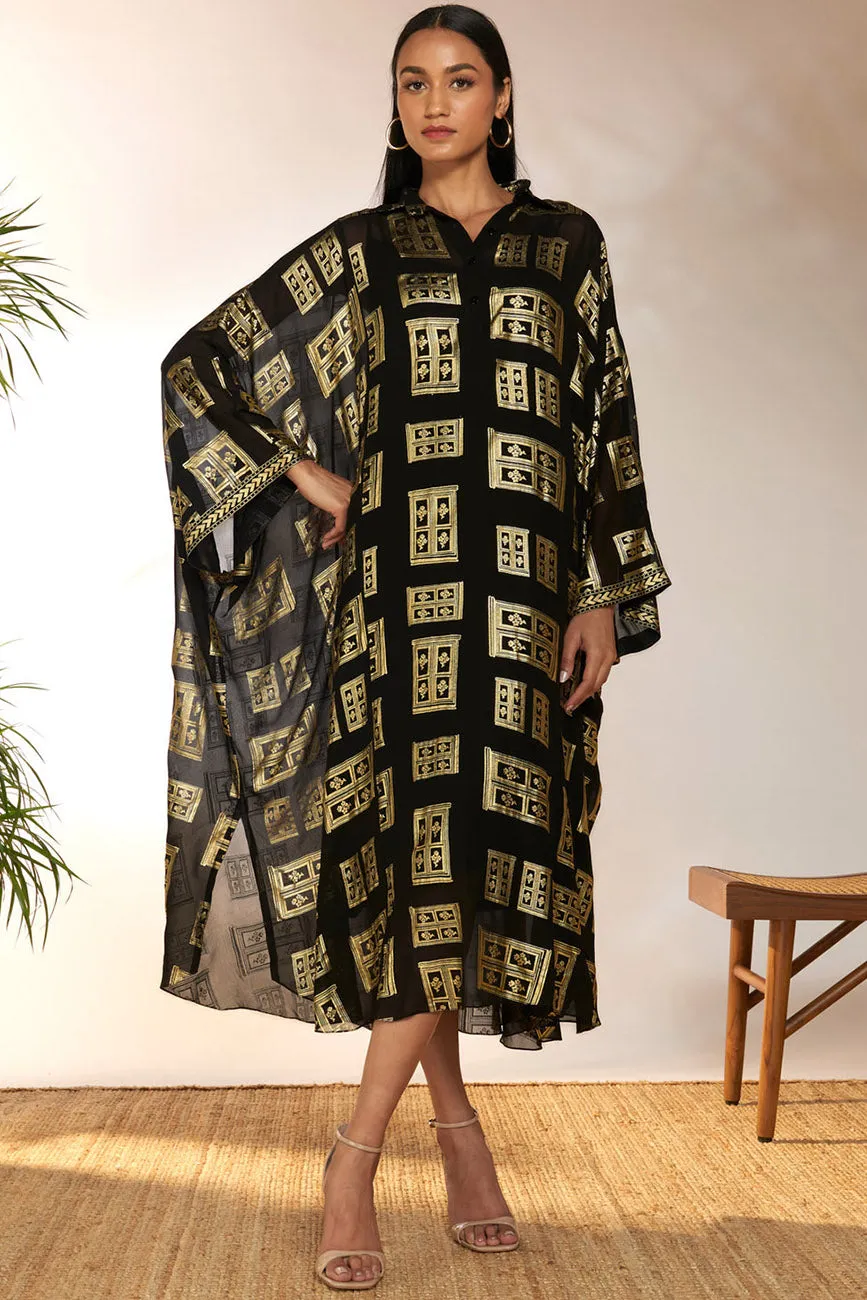 Black Open Doors Foil Collar Kaftan