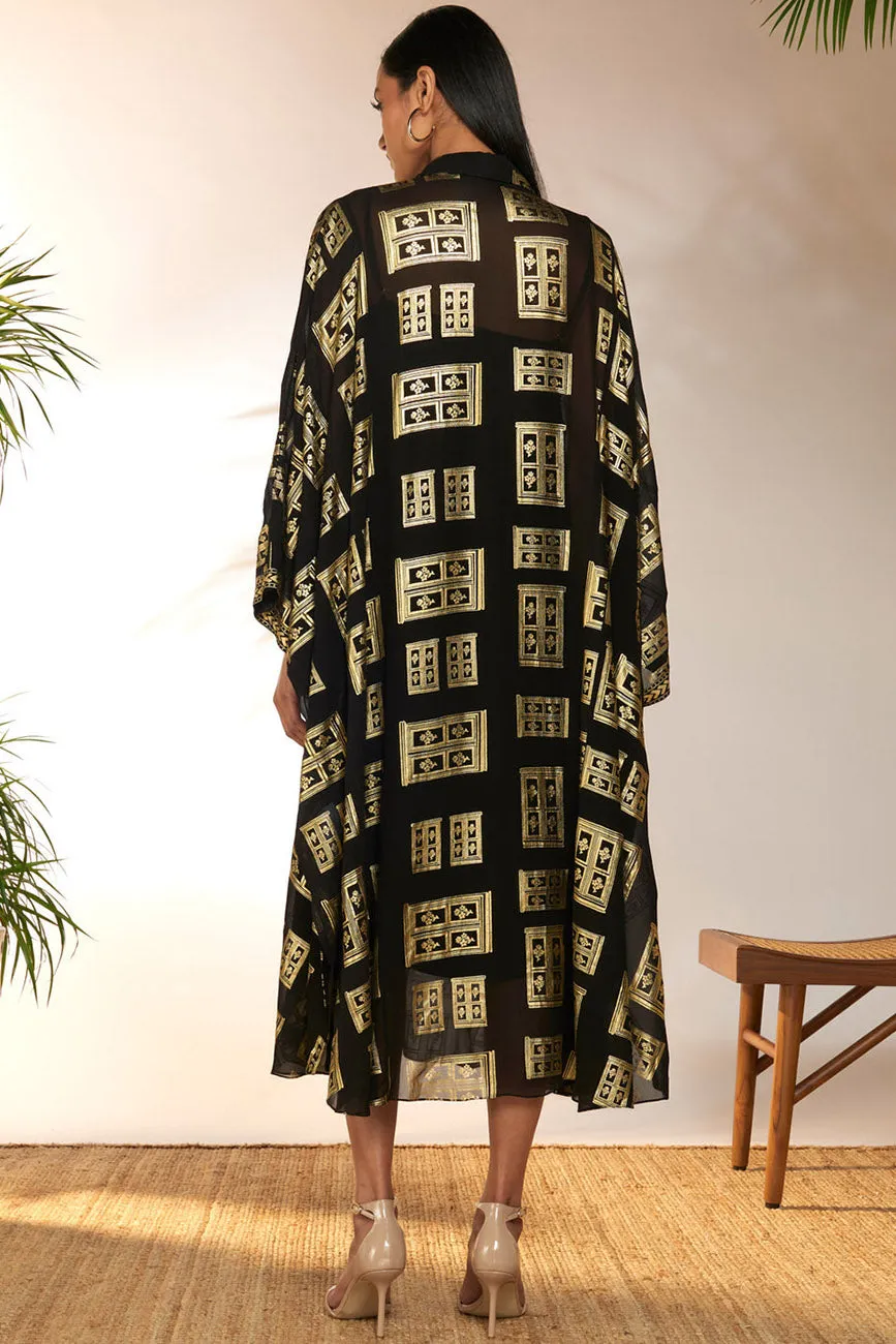 Black Open Doors Foil Collar Kaftan