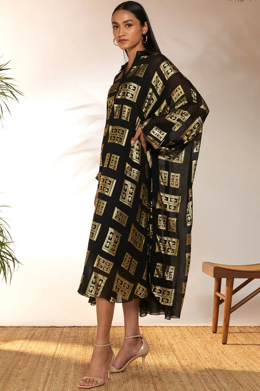 Black Open Doors Foil Collar Kaftan