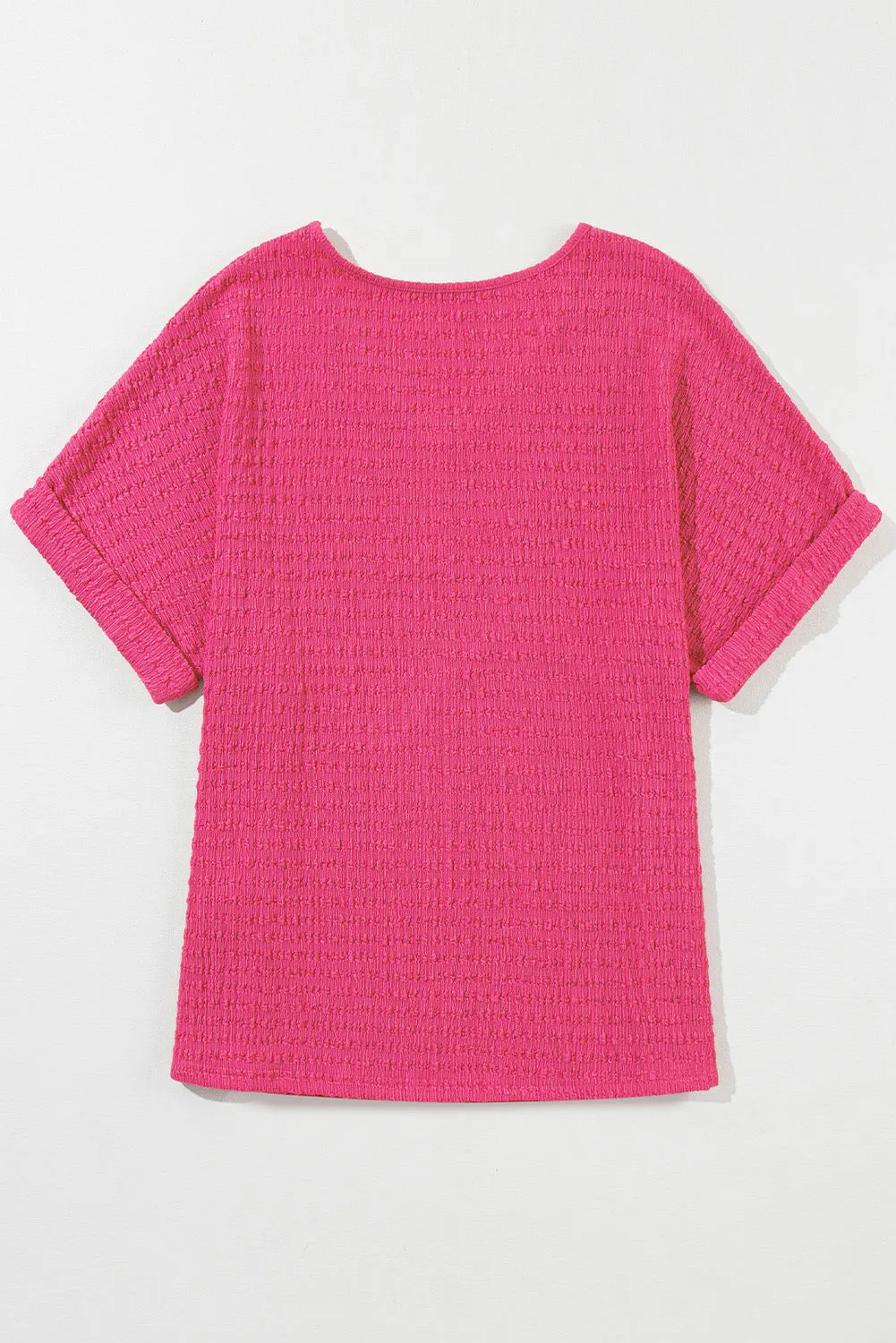 Bright Pink Textured Rolled Short Sleeve V Neck Top