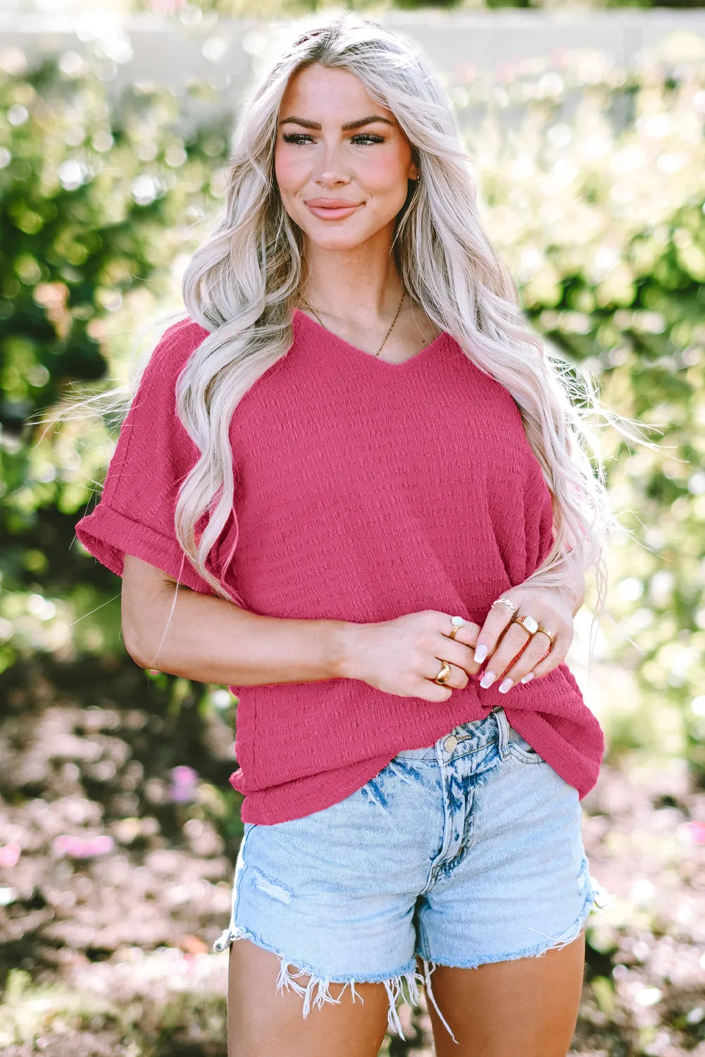 Bright Pink Textured Rolled Short Sleeve V Neck Top