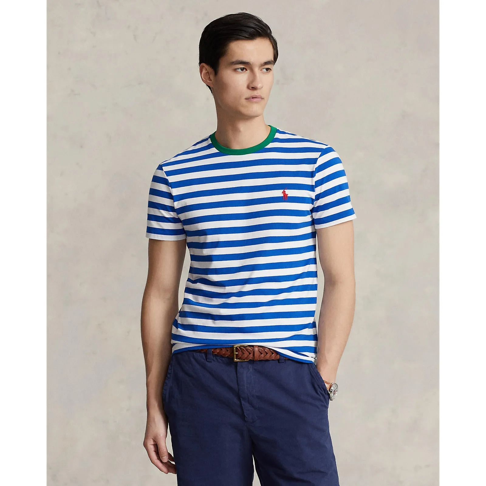 Custom Slim Fit Striped Jersey T-Shirt - Pacific Royal/White