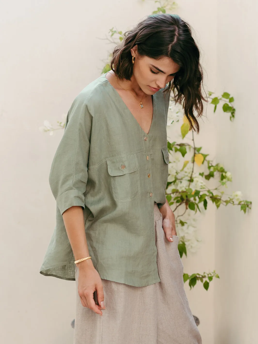 Dune French Linen Shirt Moss