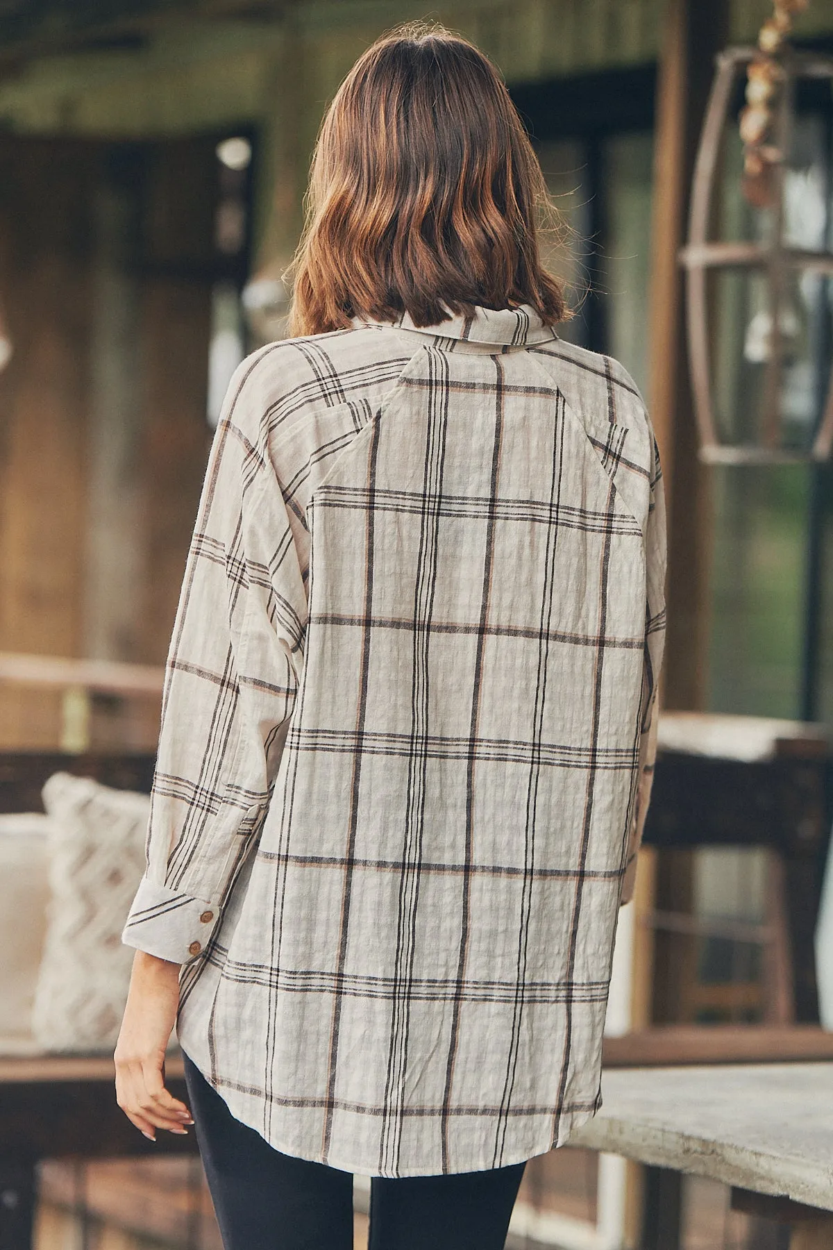 Elandra Beige Check Long Sleeve Batwing Shirt