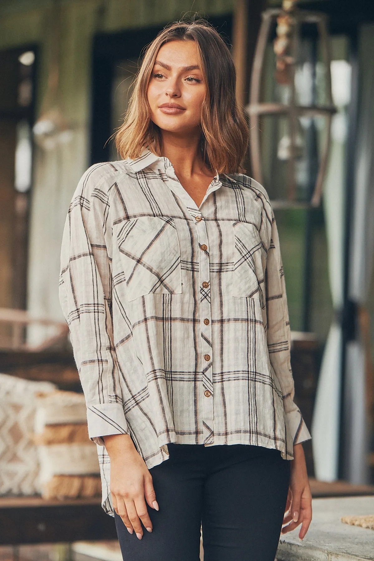 Elandra Beige Check Long Sleeve Batwing Shirt