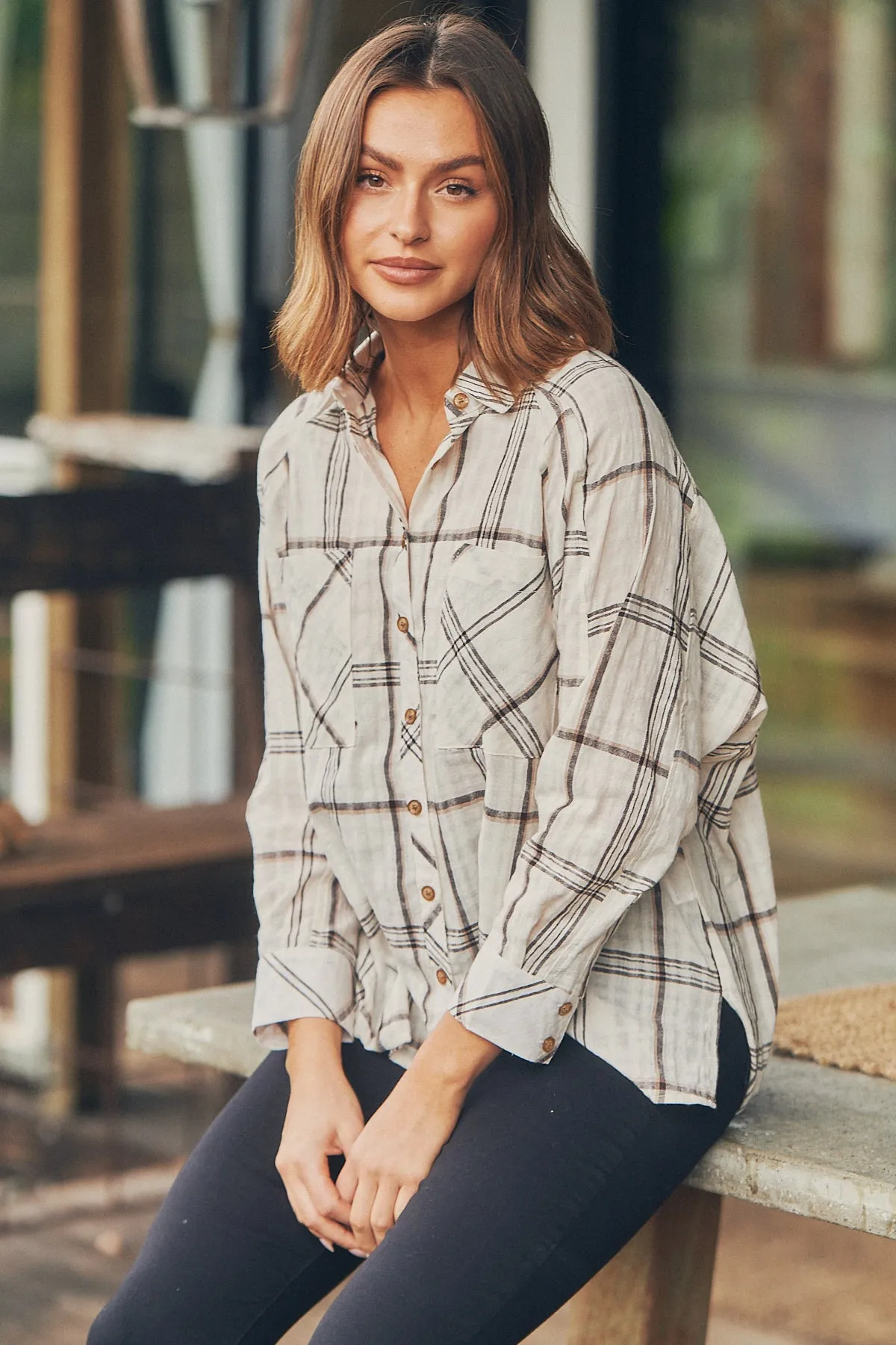 Elandra Beige Check Long Sleeve Batwing Shirt