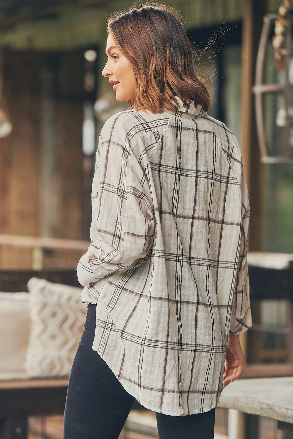 Elandra Beige Check Long Sleeve Batwing Shirt