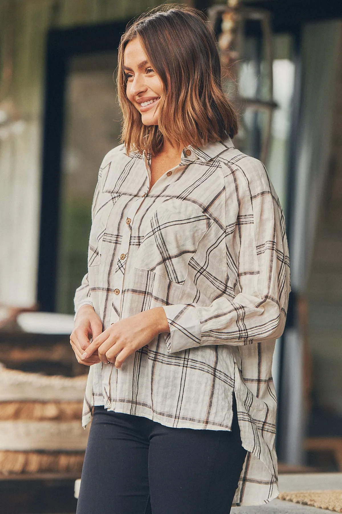 Elandra Beige Check Long Sleeve Batwing Shirt