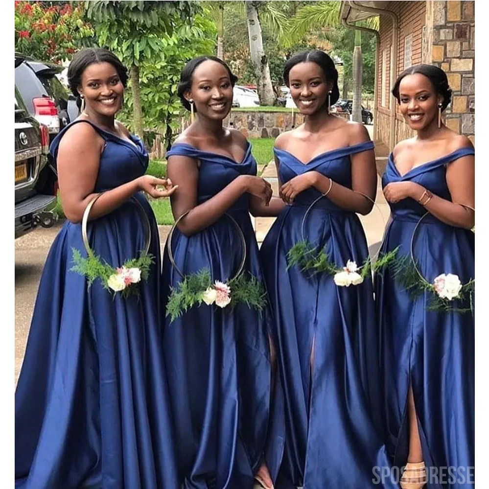 Elegant A-line Navy Blue V -neck Off the Shoulder Cheap Bridesmaid Dresses Gown Online, WG959