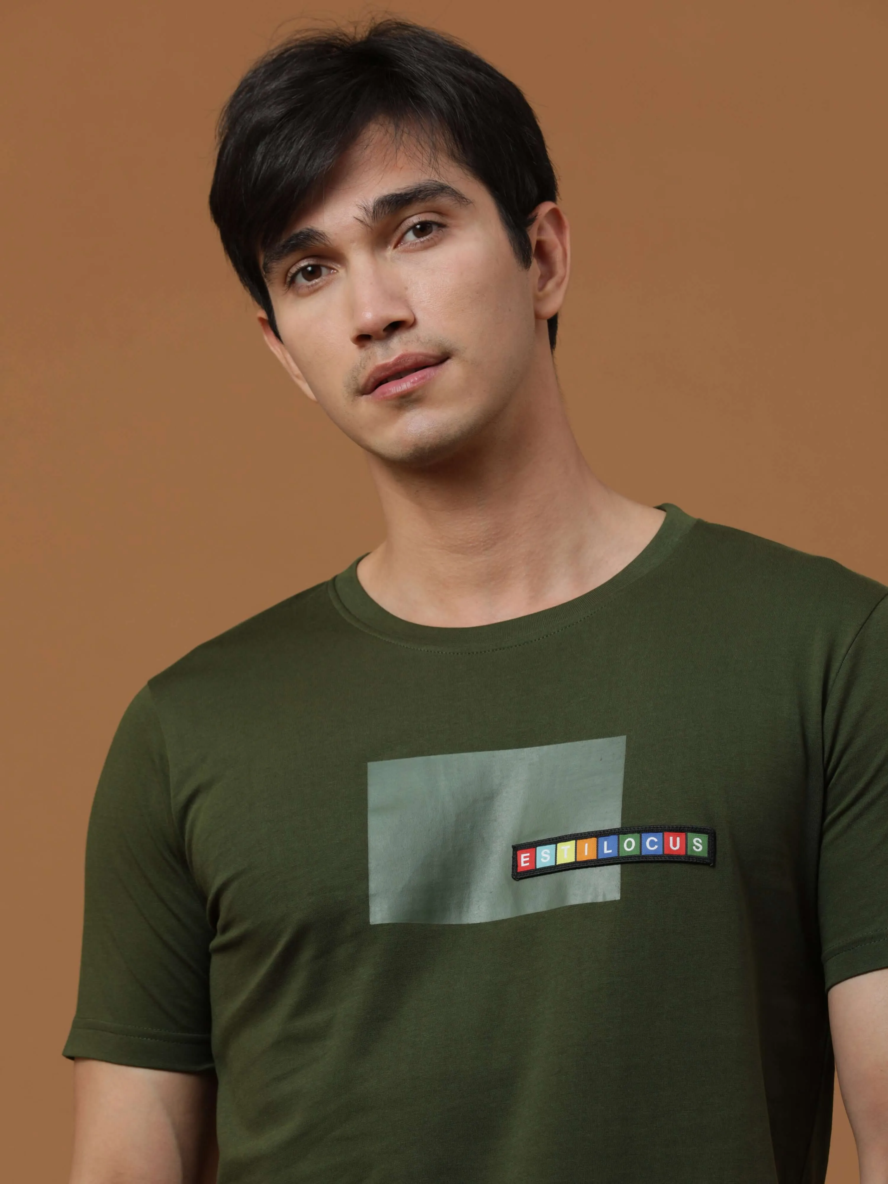 Estilocus Dk Olive Crew Neck Printed T Shirt