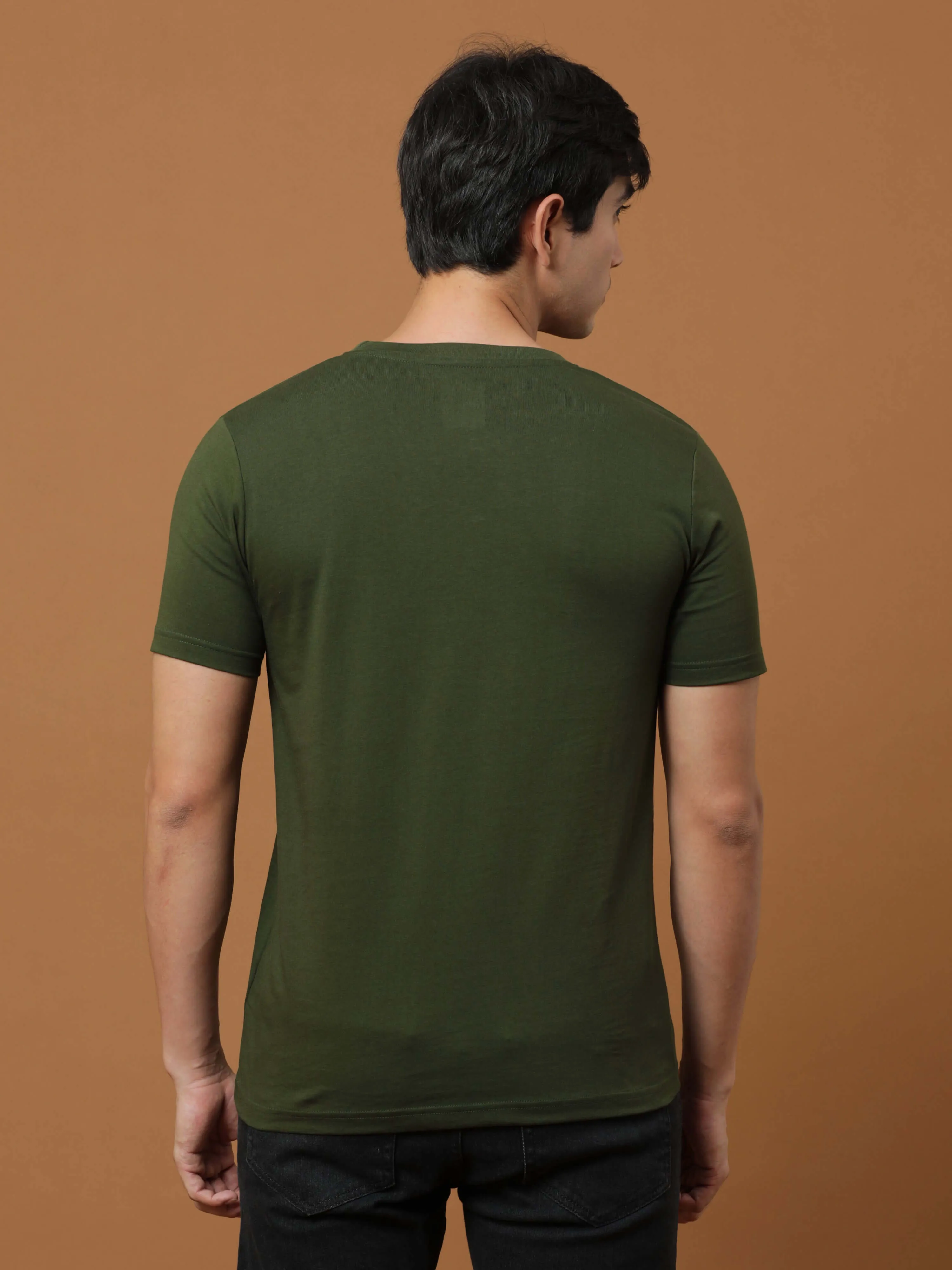 Estilocus Dk Olive Crew Neck Printed T Shirt