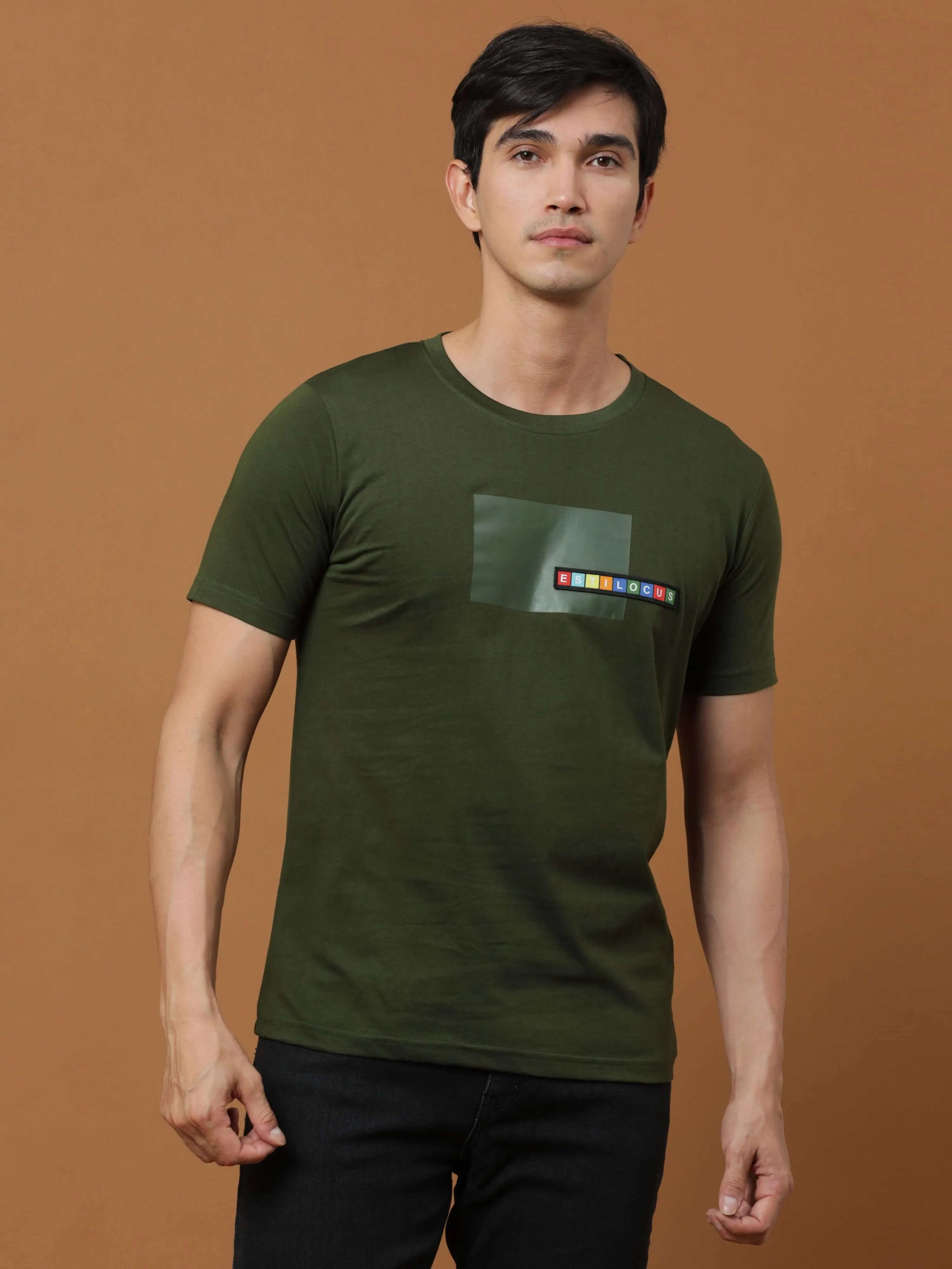 Estilocus Dk Olive Crew Neck Printed T Shirt