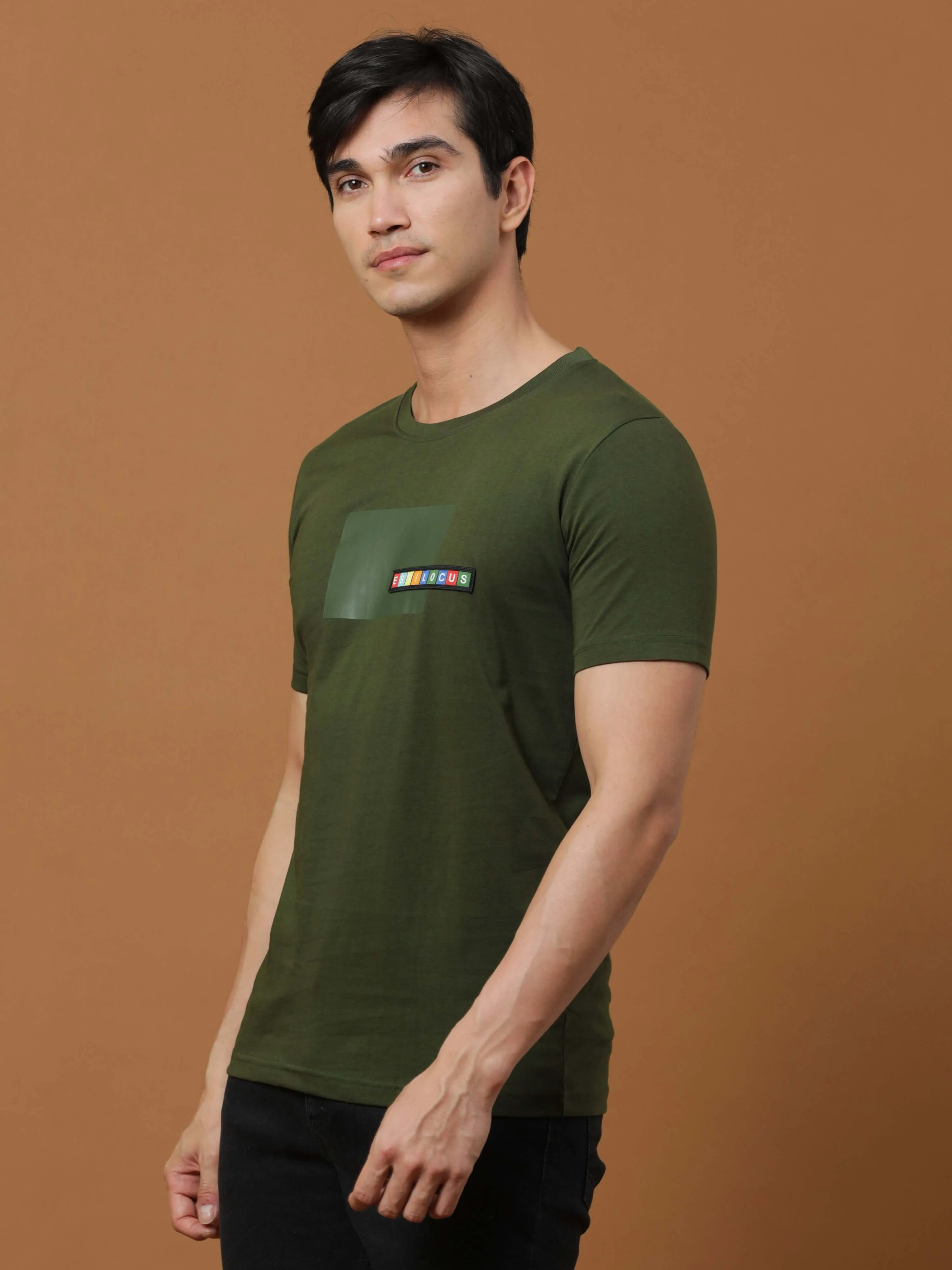 Estilocus Dk Olive Crew Neck Printed T Shirt