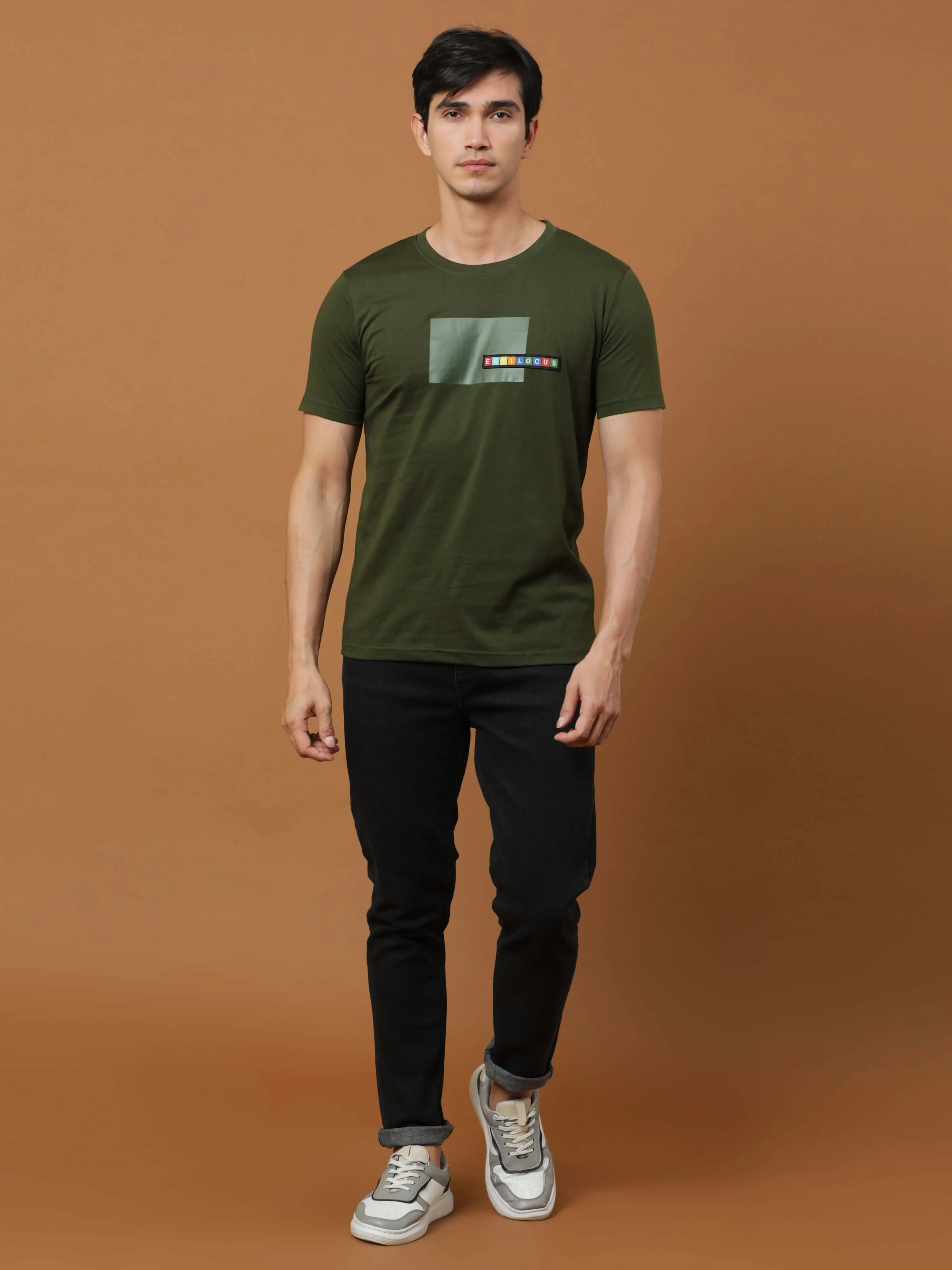 Estilocus Dk Olive Crew Neck Printed T Shirt