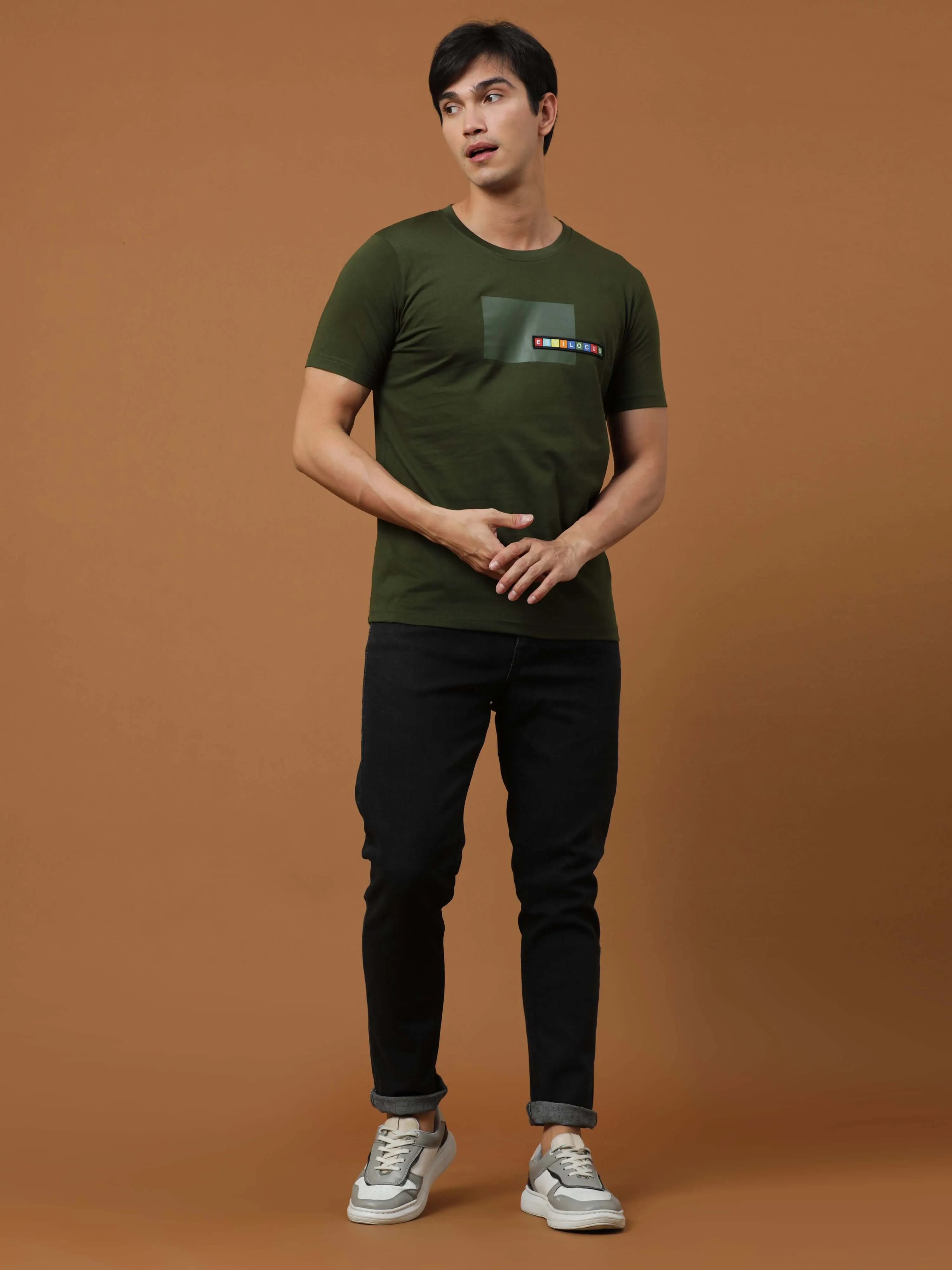 Estilocus Dk Olive Crew Neck Printed T Shirt