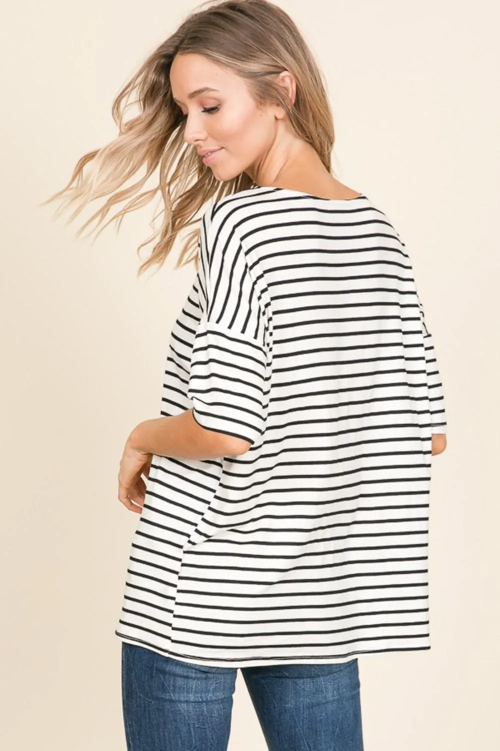 Explore More Collection - BOMBOM Striped Round Neck T-Shirt