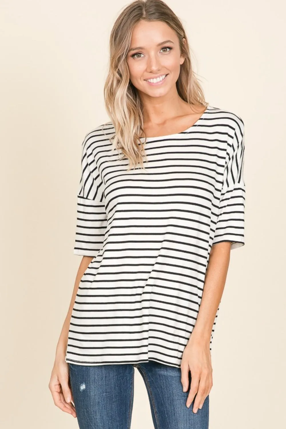 Explore More Collection - BOMBOM Striped Round Neck T-Shirt