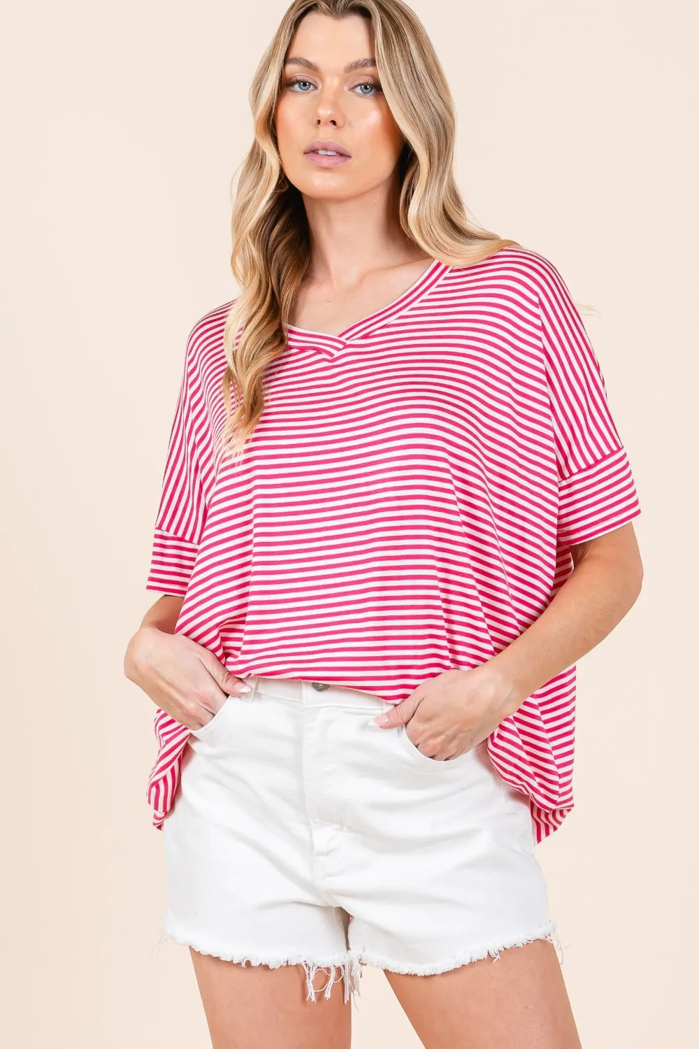 Explore More Collection - BOMBOM Striped V-Neck T-Shirt