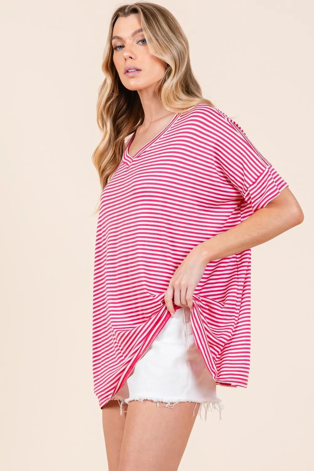 Explore More Collection - BOMBOM Striped V-Neck T-Shirt