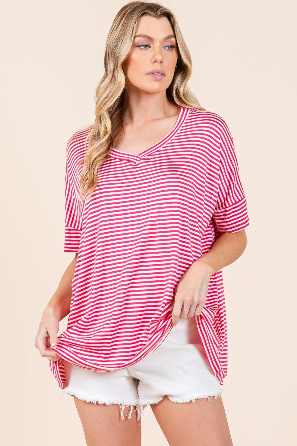 Explore More Collection - BOMBOM Striped V-Neck T-Shirt