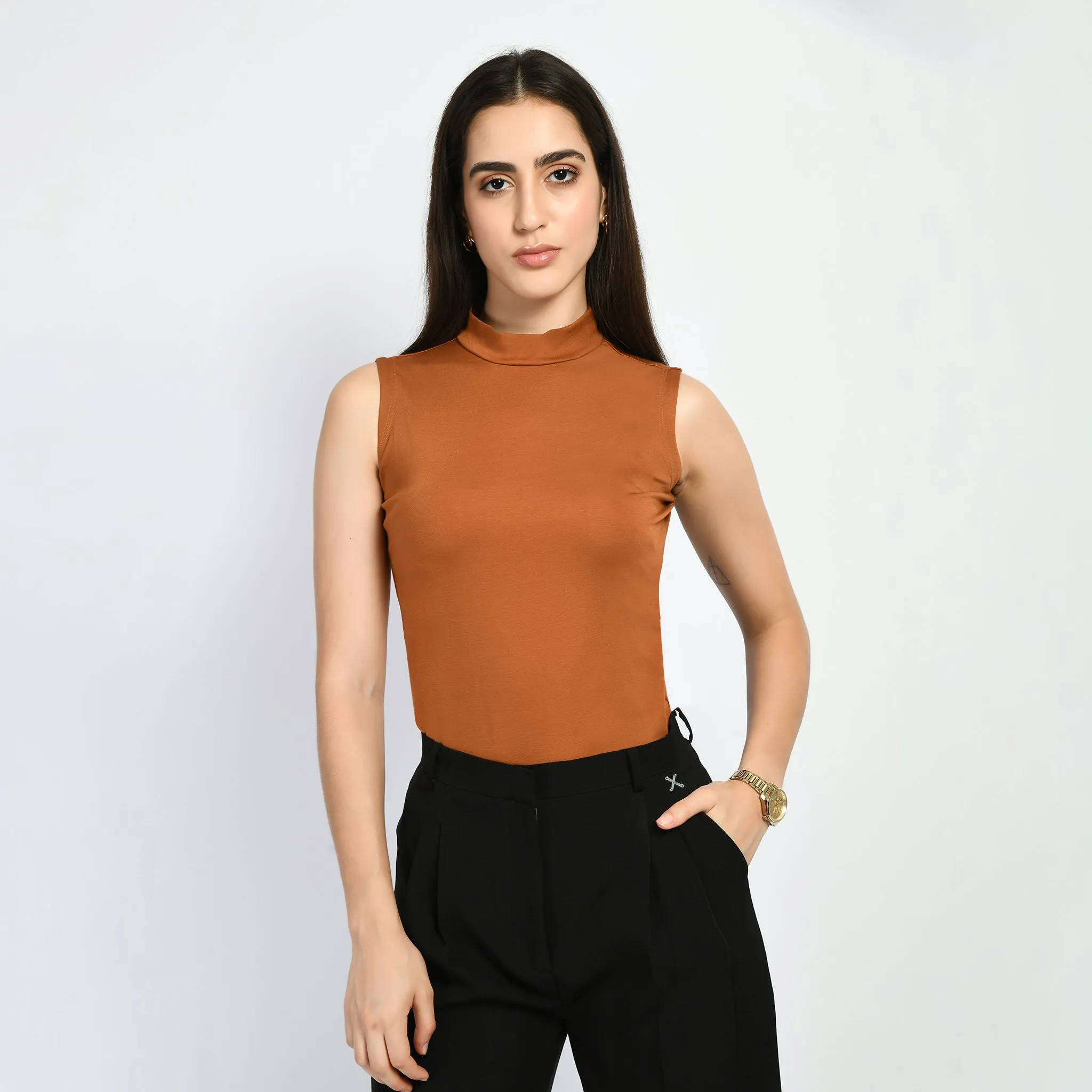 Exude Charm High-neck Sleeveless T-shirt (Tan Brown)