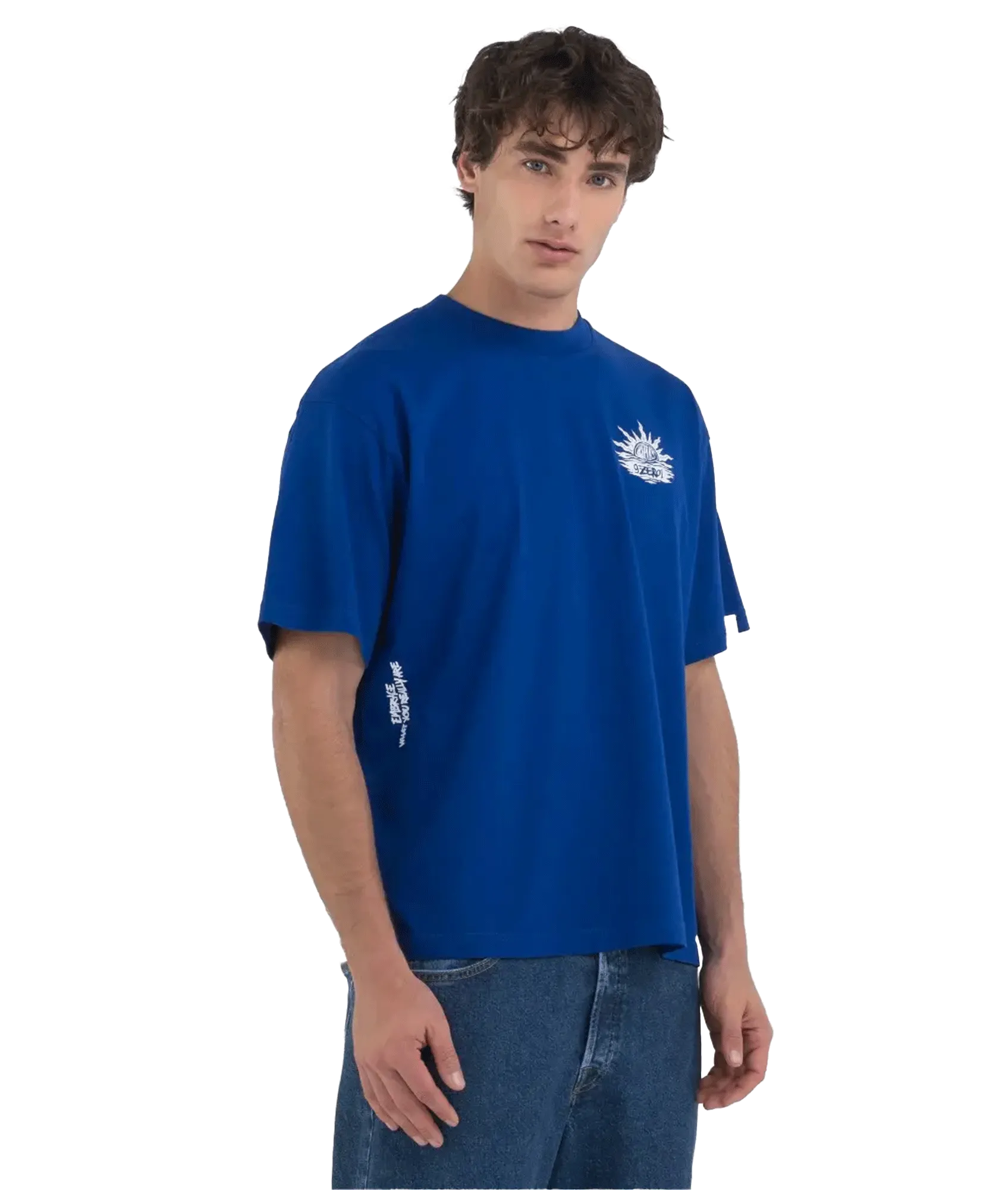 Genderless Crew-neck T-shirt With 9zero1 Logo and Graphic Prints - Blue