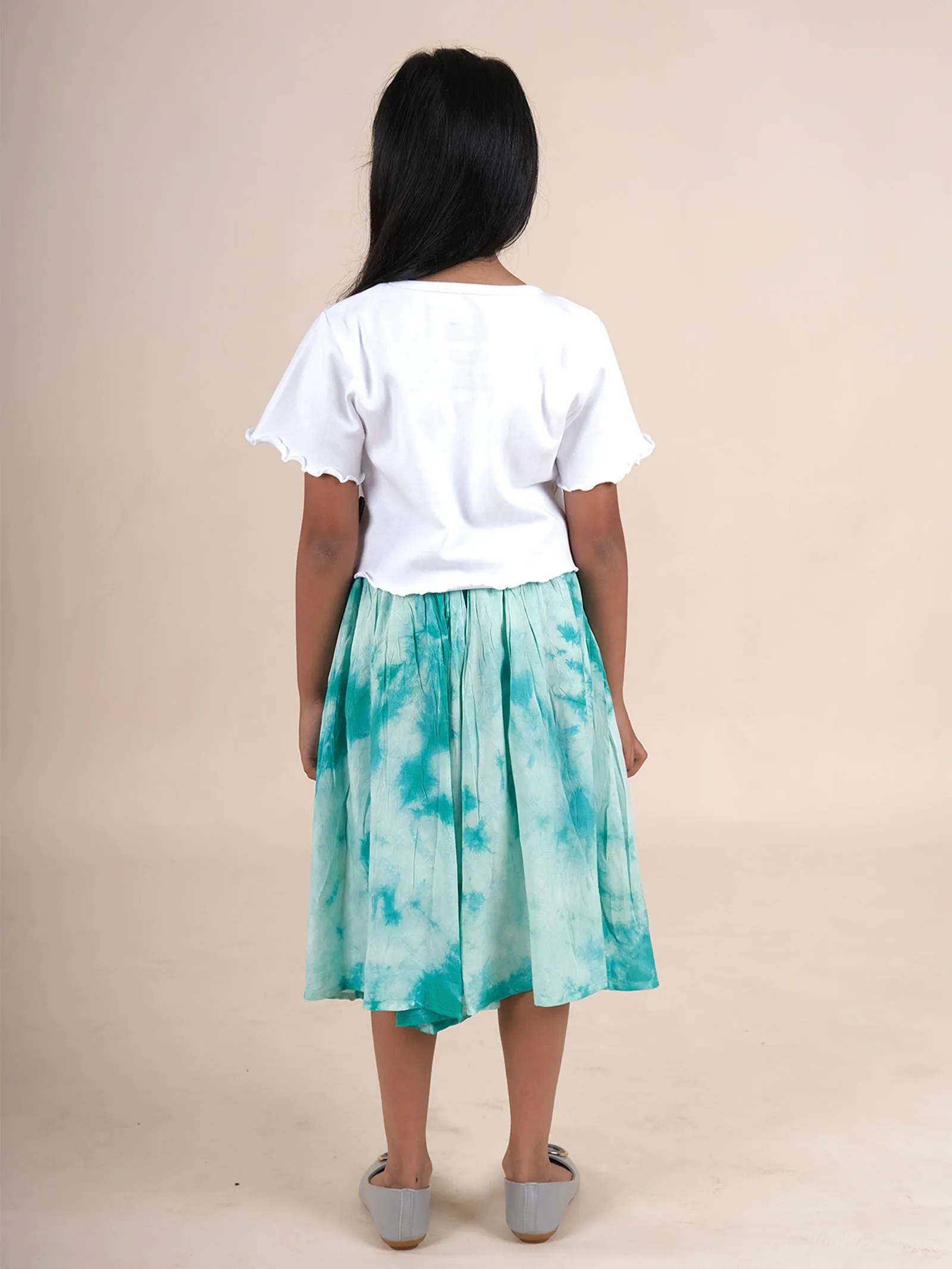 Girls Cotton Solid Crop Tee With Rayon Tie & Dye Flared Skirt Set