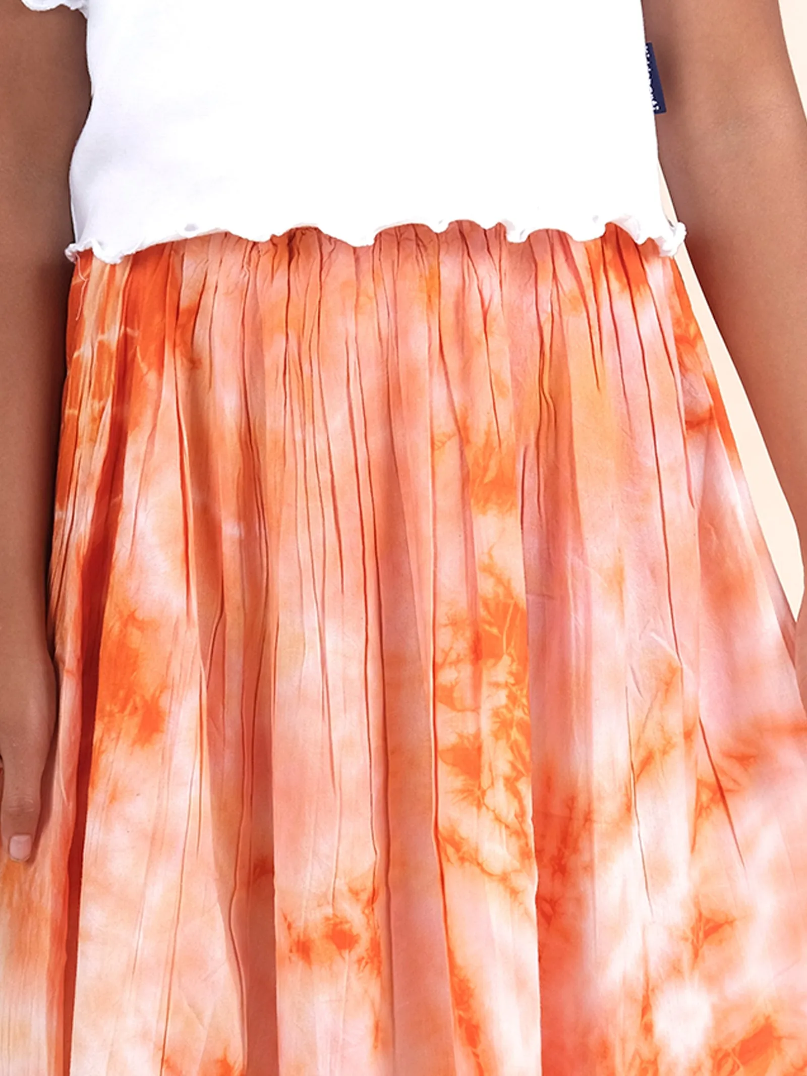 Girls Cotton Solid Crop Tee With Rayon Tie & Dye Flared Skirt Set