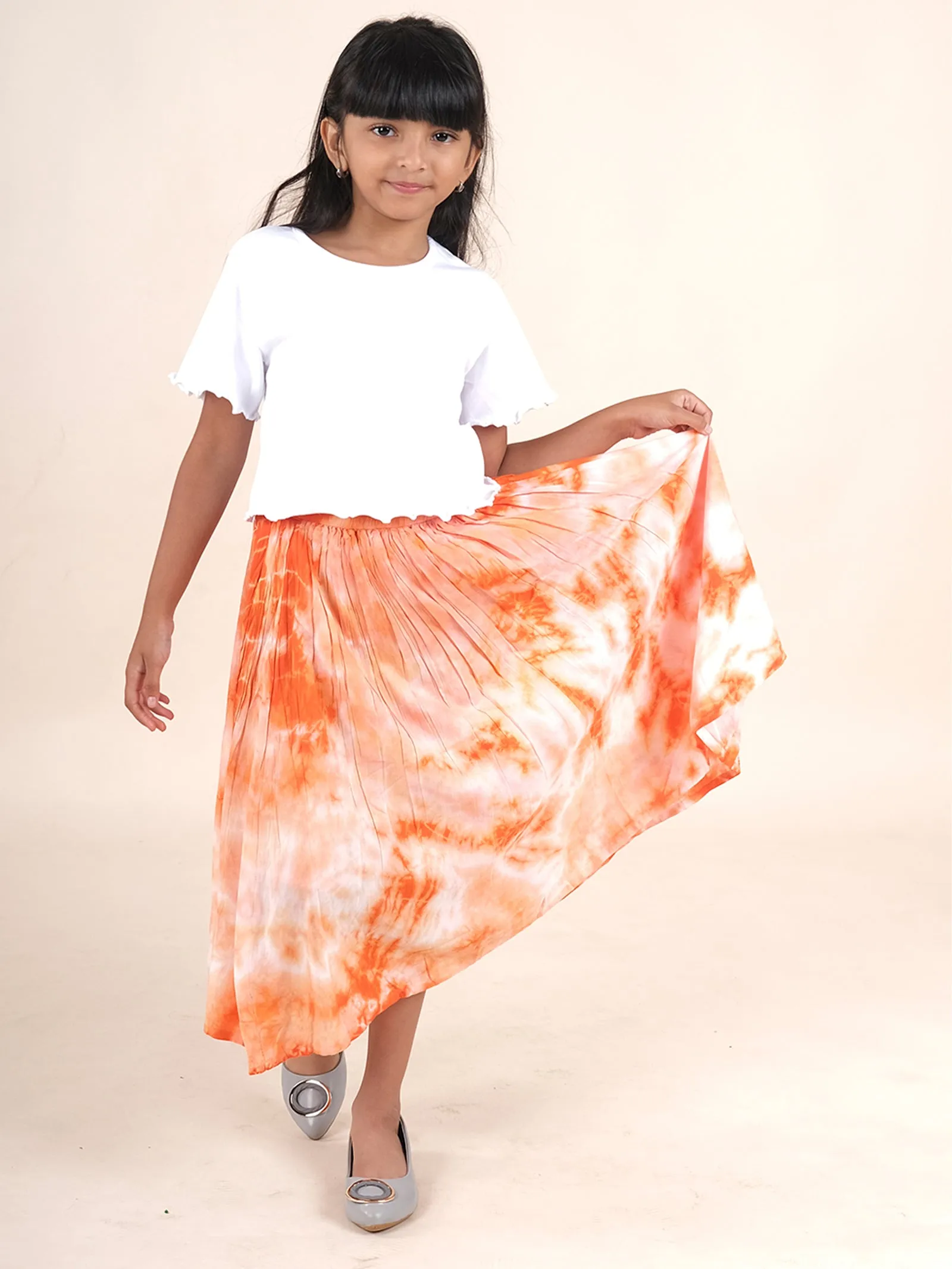 Girls Cotton Solid Crop Tee With Rayon Tie & Dye Flared Skirt Set