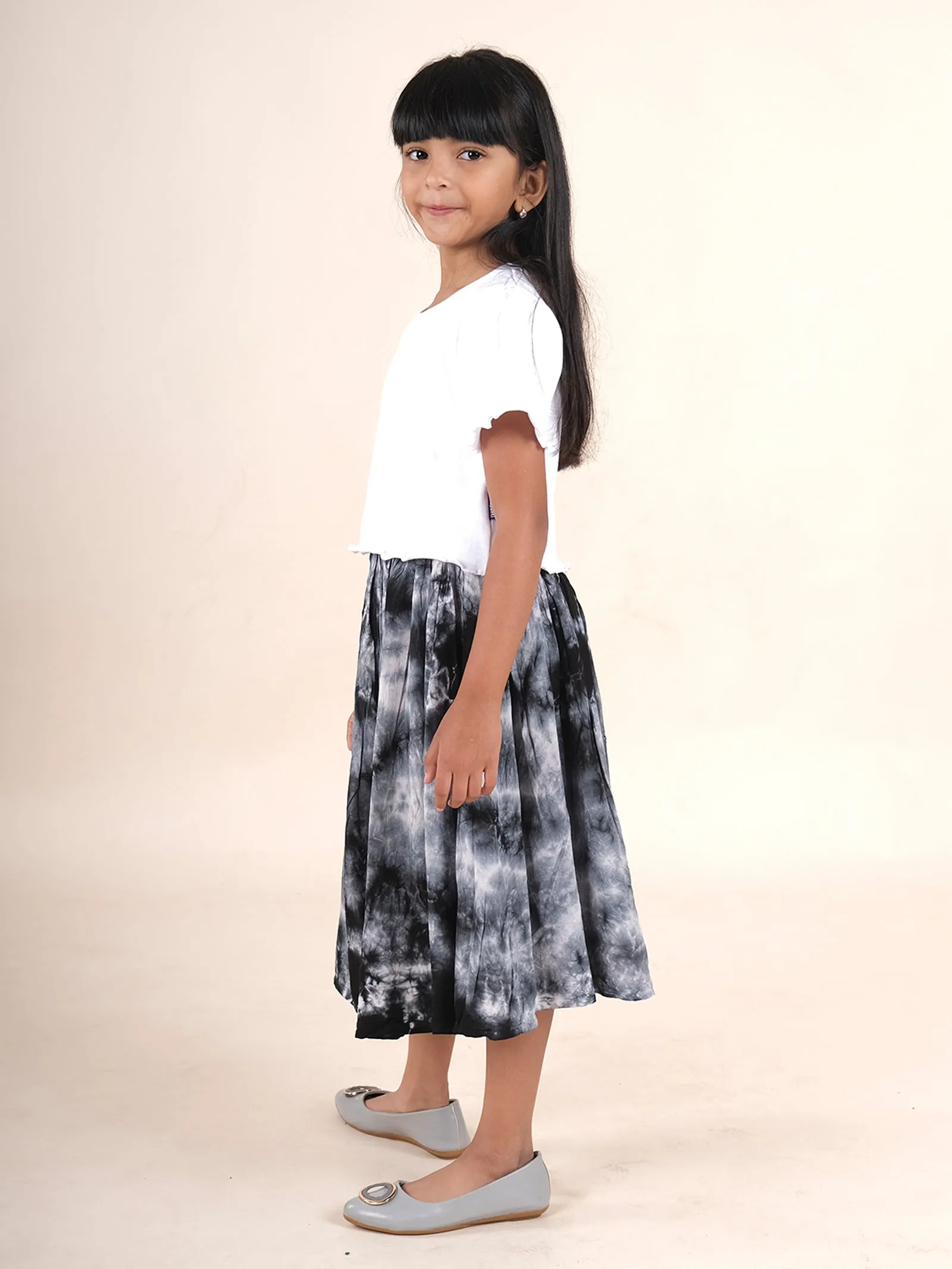 Girls Cotton Solid Crop Tee With Rayon Tie & Dye Flared Skirt Set